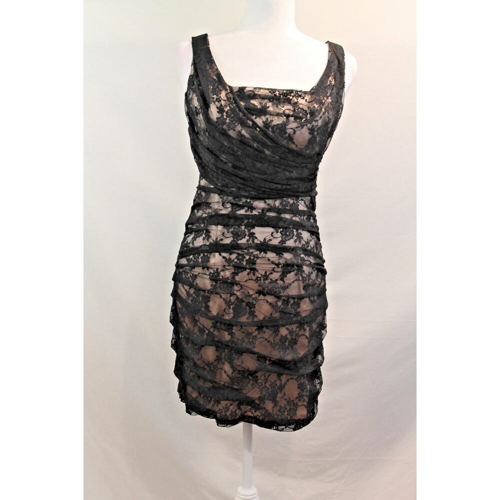 Express Y2K Lace Ruched Overlay Dress Womens size 8 Black Zip-Up Romantic Goth